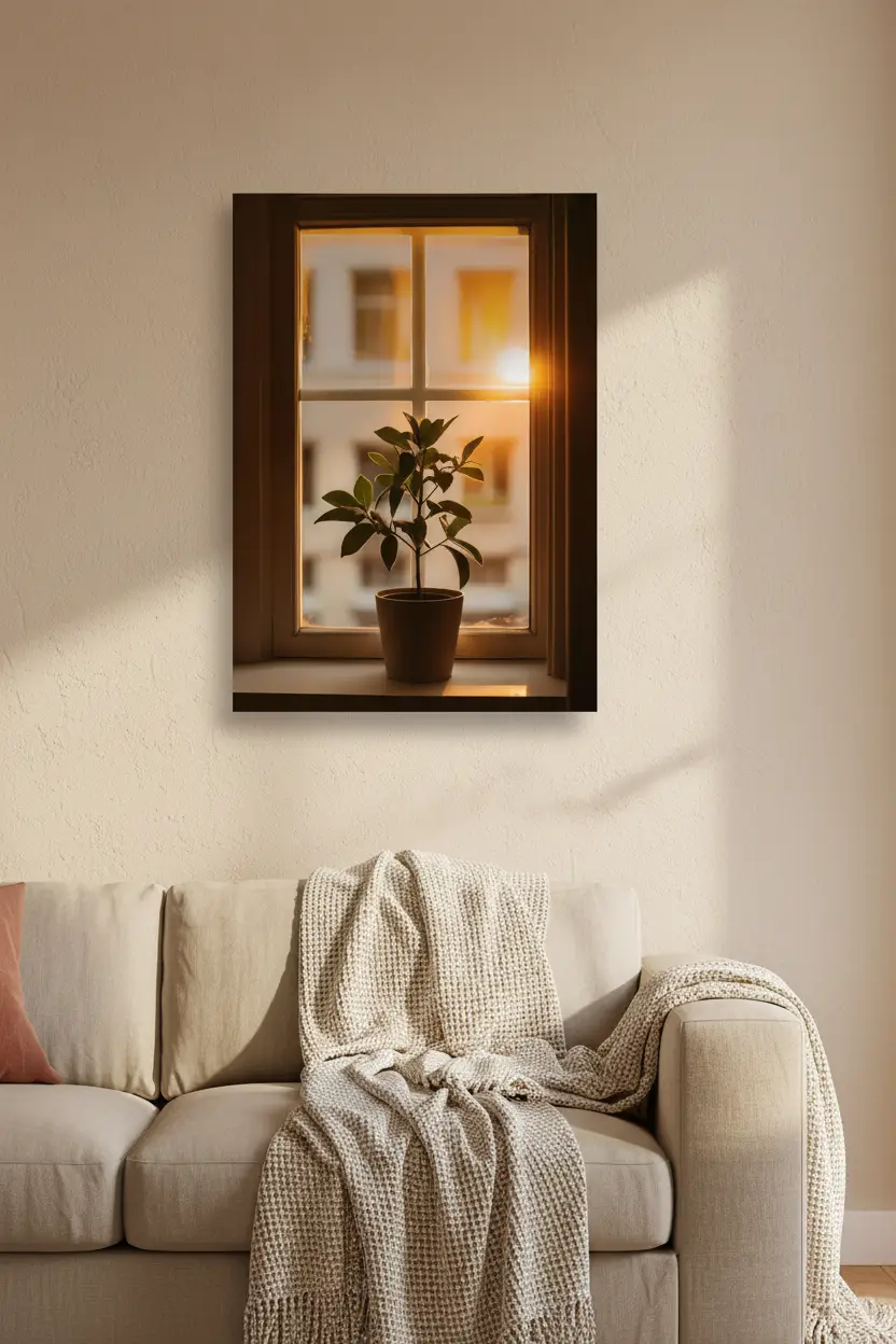 La Plante du Soir — Affiche murale minimaliste plante fenêtre coucher soleil doré — affiche murale minimaliste | Cassili-home