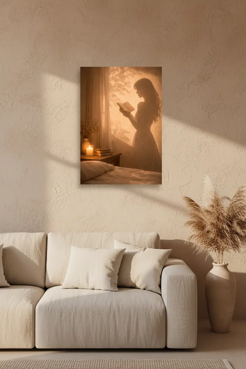 Le Livre du Soir — Affiche murale minimaliste silhouette féminine lumière dorée, affiche murale minimaliste avec cadre bois, décoration murale salon ou chambre, style méditerranéen