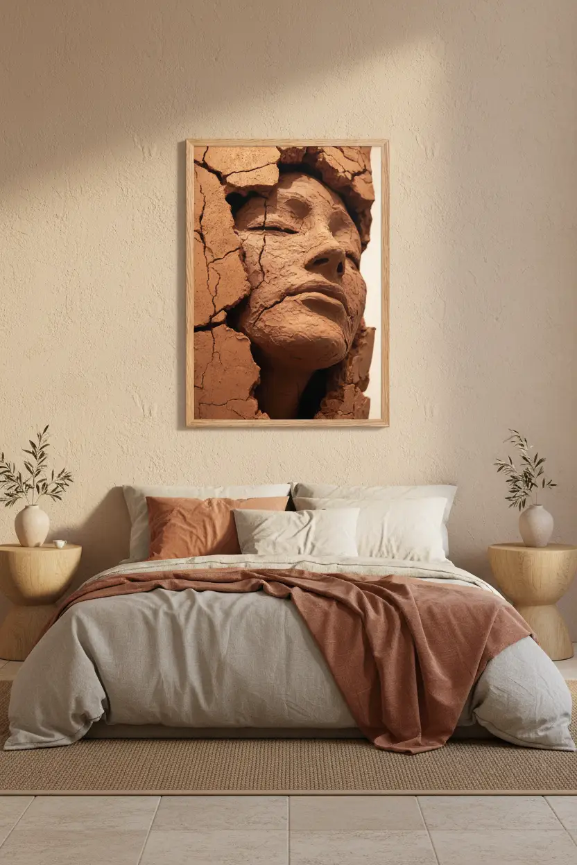 La Femme de Terre — Affiche murale minimaliste terracotta brun visage féminin argile abstrait — affiche murale minimaliste | Cassili-home