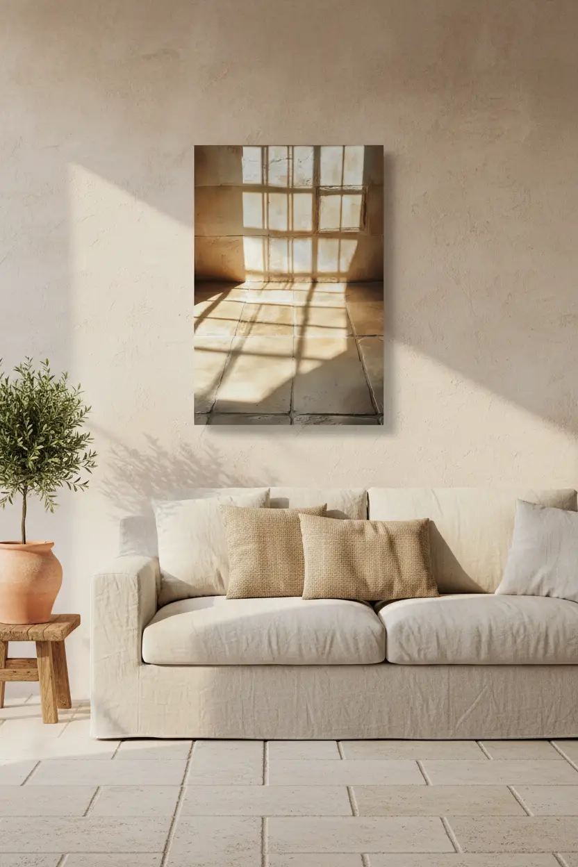 L'Heure des Ombres — Affiche murale minimaliste ombres fenêtre lumière dorée pierre — affiche murale minimaliste | Cassili-home