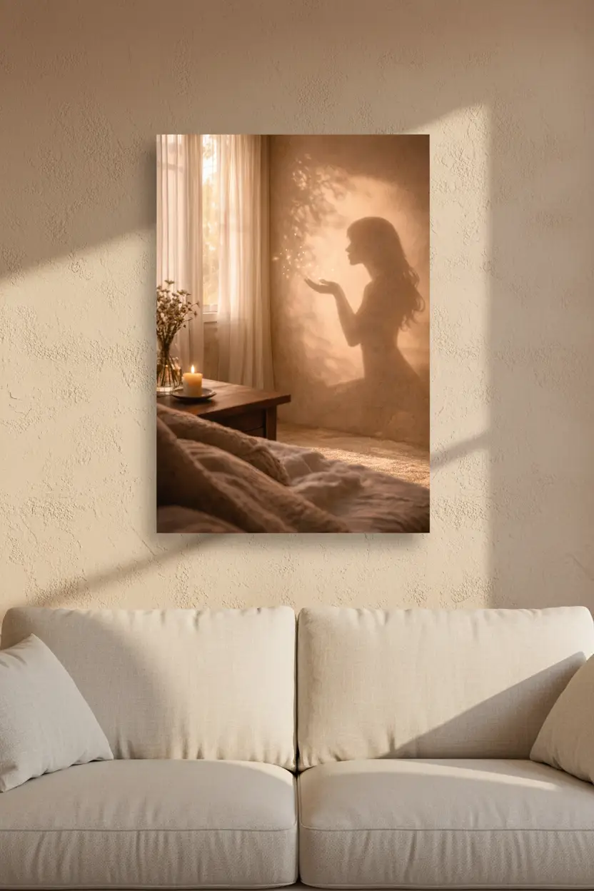 L’Envol — Affiche murale minimaliste silhouette féminine lumière dorée, affiche murale minimaliste avec cadre bois, décoration murale salon ou chambre, style méditerranéen