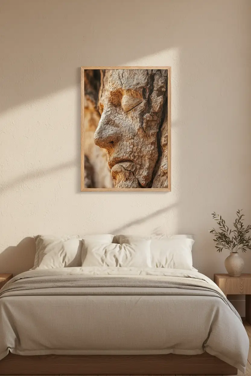 Het Eiken Gezicht — Minimalistische wandposter bruin goud schors gezicht