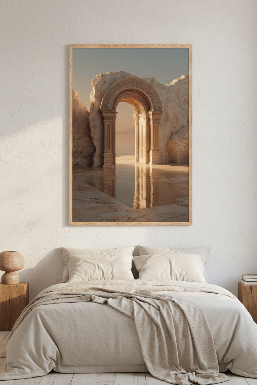 Affiche encadrée chêne clair au-dessus d'un lit en lin, arche de pierre et lumière dorée — L'Arche des Eaux, Cassili-home