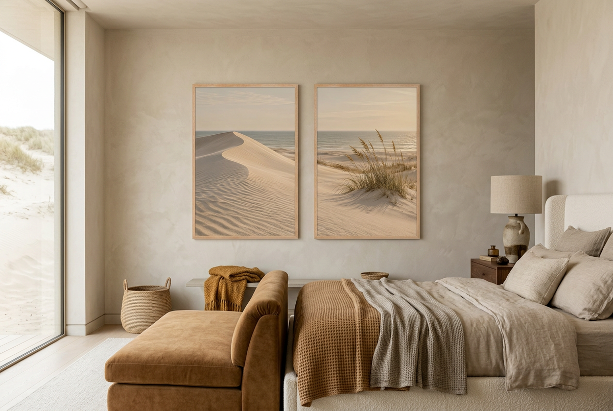 The Marram Beach — wall diptych in oak frames above a bed