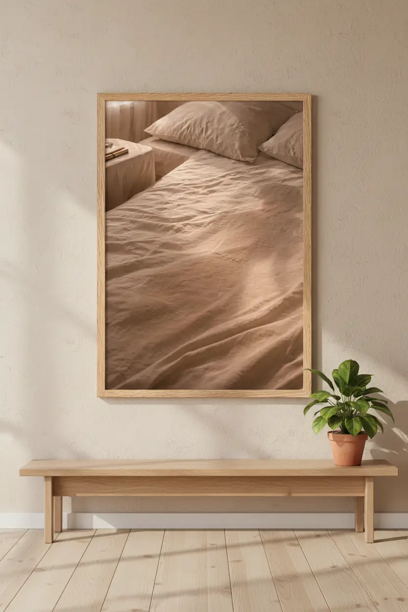 Le Lin du Matin — Affiche murale minimaliste linge beige lumière dorée, affiche murale minimaliste avec cadre bois, décoration murale salon ou chambre, style méditerranéen