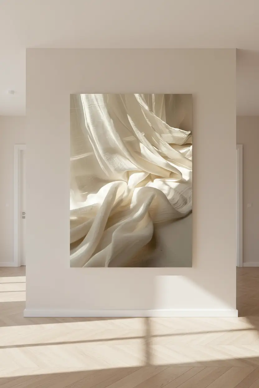 Le Lin Draпé — Affiche murale minimaliste macro tissu lin ivoire drapé vagues fluides texture abstrait, affiche murale minimaliste avec cadre bois, décoration murale salon ou chambre, style méditerranéen