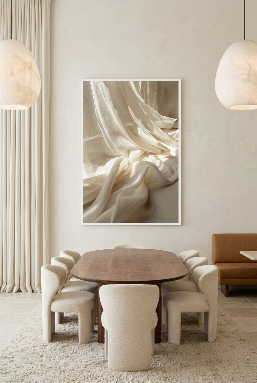 Le Lin Drapé — poster com moldura branca numa sala de jantar
