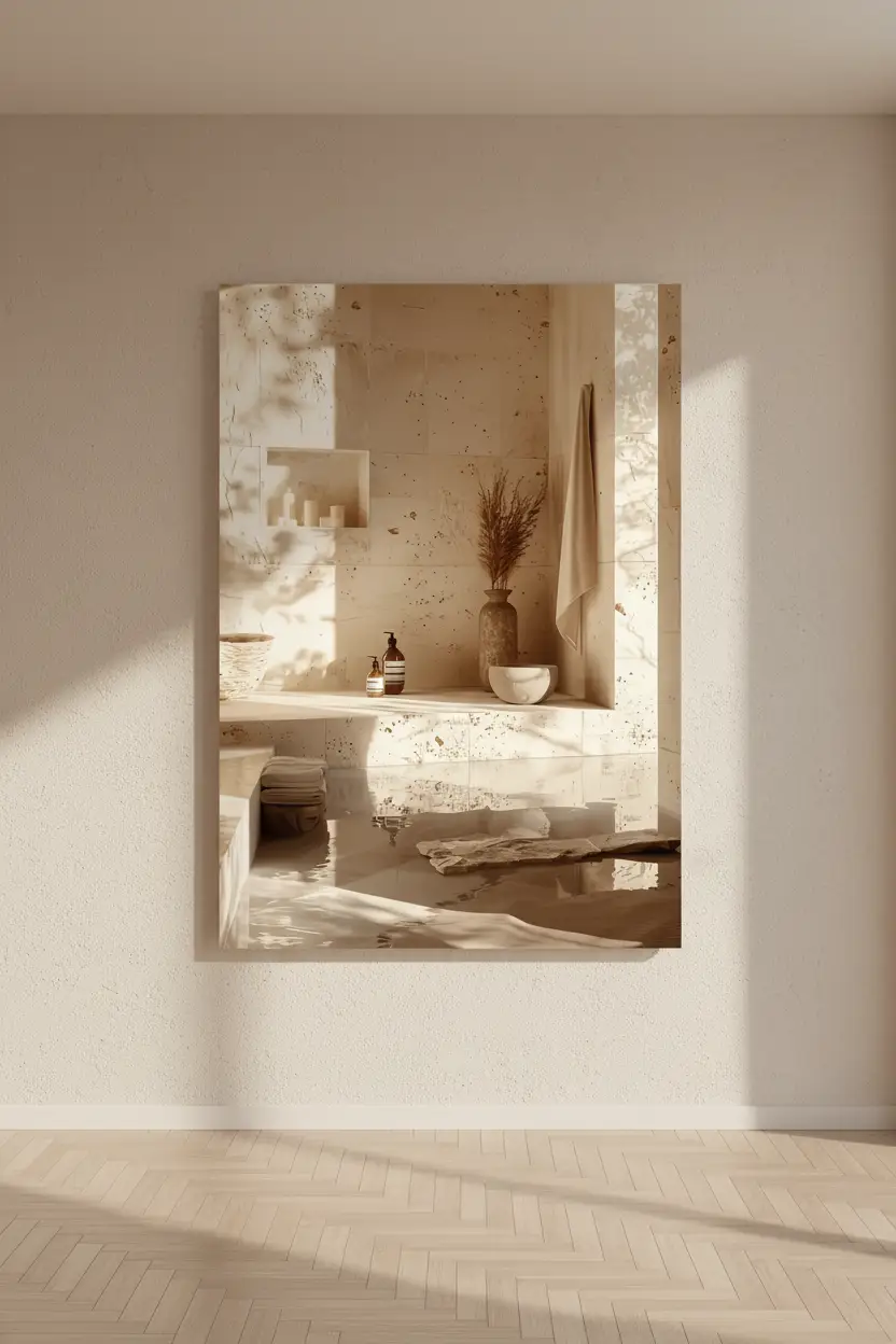Le Hammam de Travertin — Affiche murale minimaliste salle de bain travertin eau ombres feuillage architecture, affiche murale minimaliste avec cadre bois, décoration murale salon ou chambre, style méditerranéen