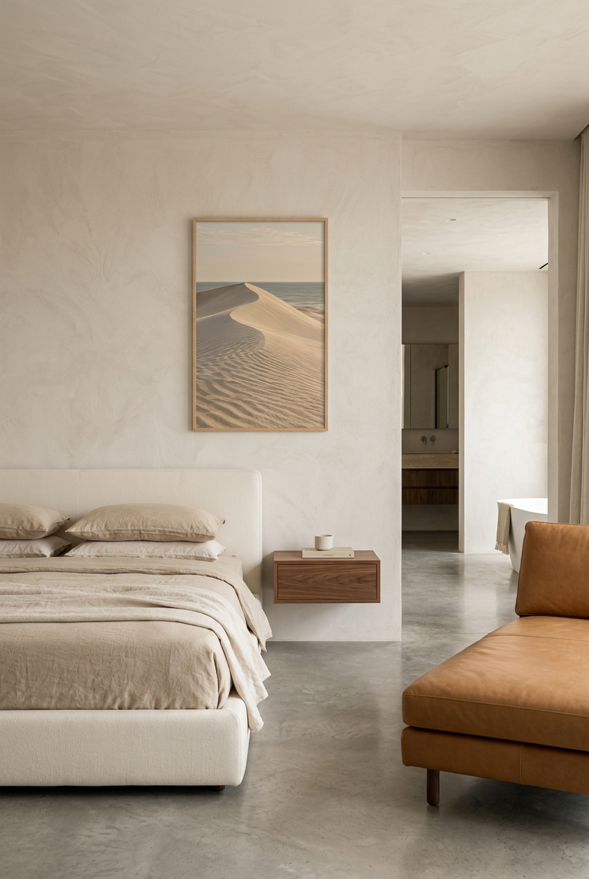 The Sand Crest — poster in an oak frame above a bed