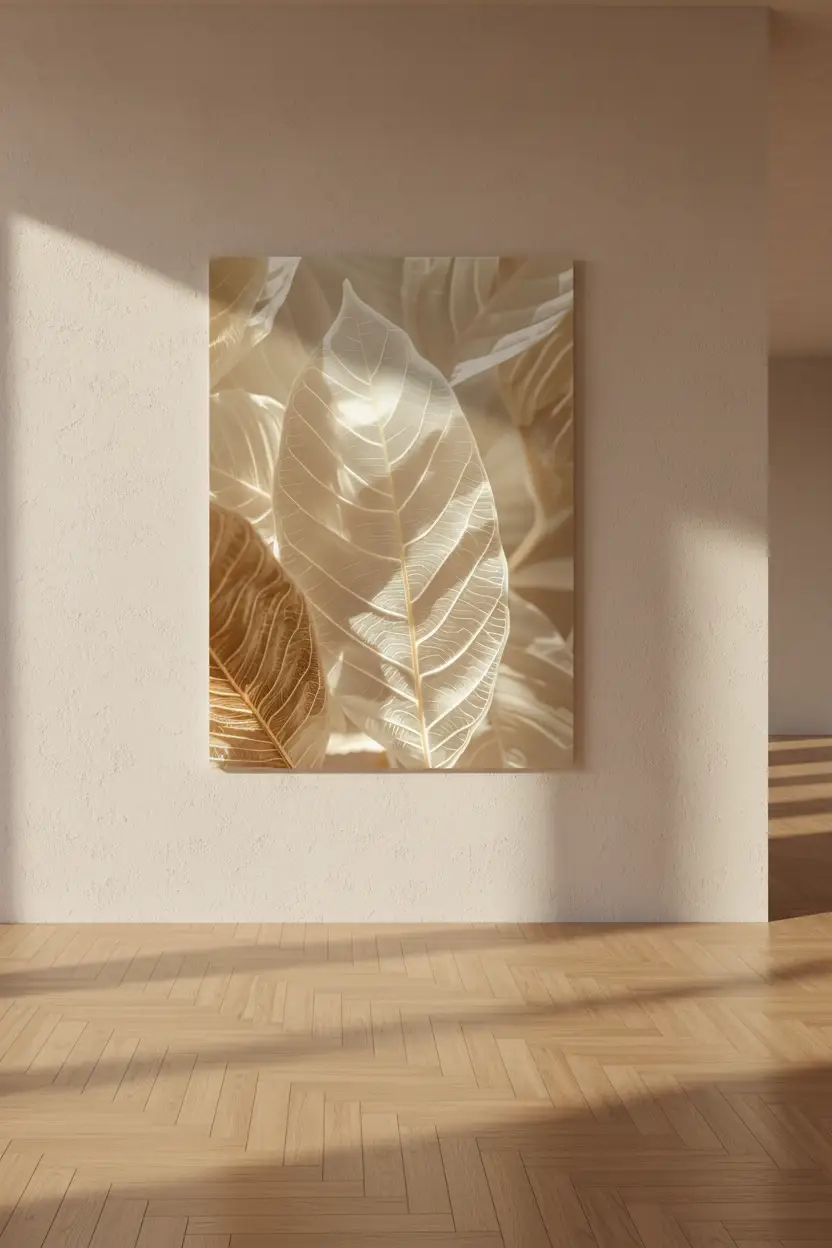 La Forêt de Lumière — Affiche murale minimaliste ivoire or feuilles translucides superposées, affiche murale minimaliste avec cadre bois, décoration murale salon ou chambre, style méditerranéen
