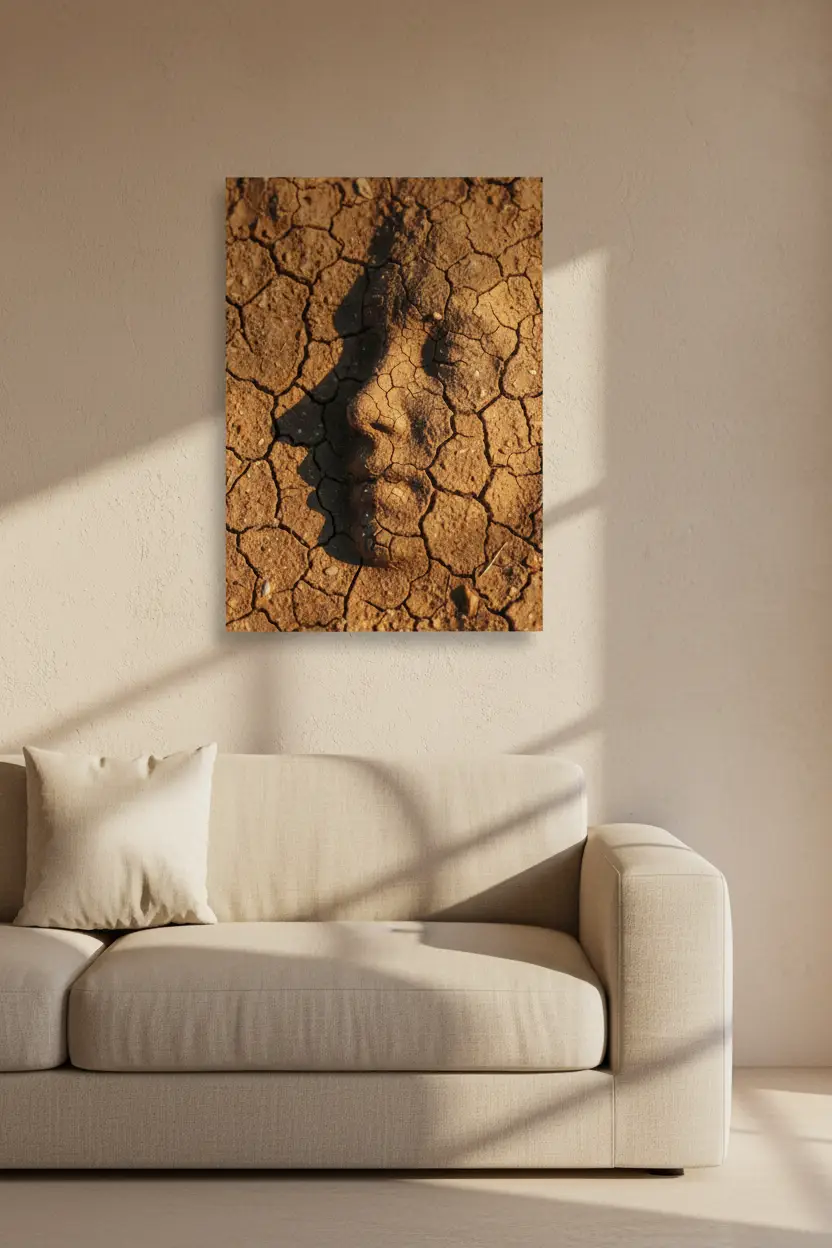 Le Profil de Terre — Affiche murale minimaliste brun ocre visage abstrait, affiche murale minimaliste avec cadre bois, décoration murale salon ou chambre, style méditerranéen