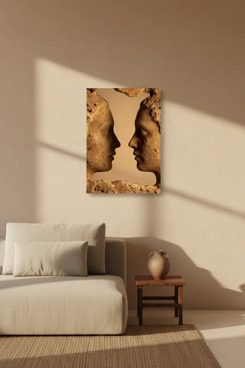 La Rencontre — Affiche murale minimaliste or sable visage abstrait, affiche murale minimaliste avec cadre bois, décoration murale salon ou chambre, style méditerranéen