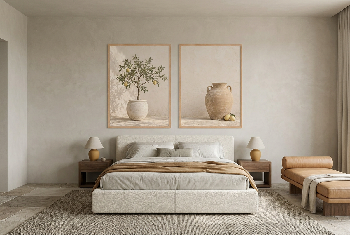 The Patio Lemons — wall diptych in oak frames above a bed