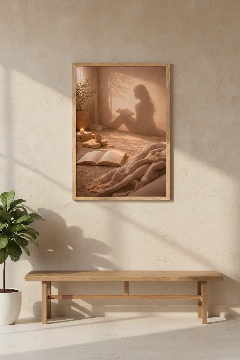 La Liseuse — Affiche murale minimaliste silhouette féminine lumière dorée, affiche murale minimaliste avec cadre bois, décoration murale salon ou chambre, style méditerranéen
