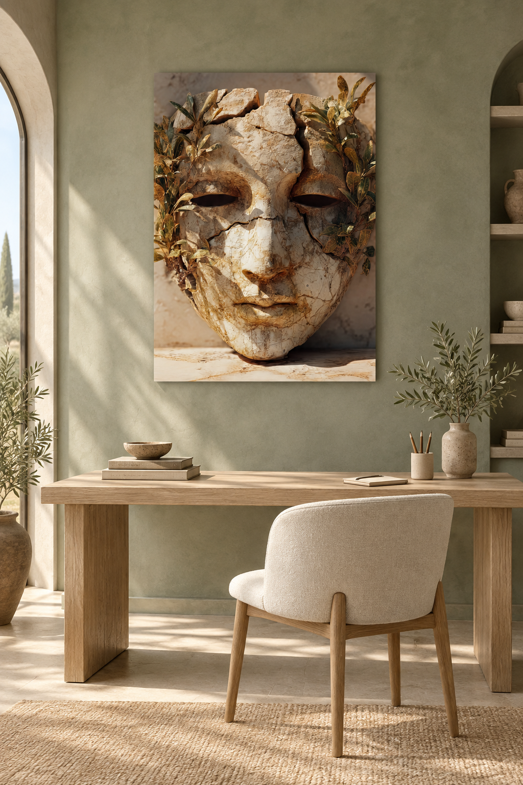 Das Gesicht mit Zweigen in einem Arbeitszimmer