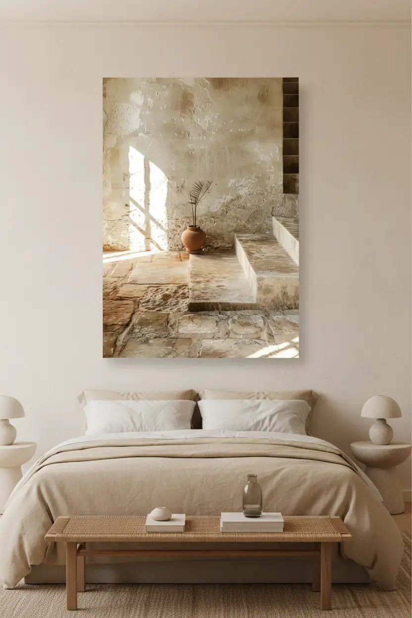 Le Vase sur la Marche — Affiche murale minimaliste sable architecture, affiche murale minimaliste avec cadre bois, décoration murale salon ou chambre, style méditerranéen