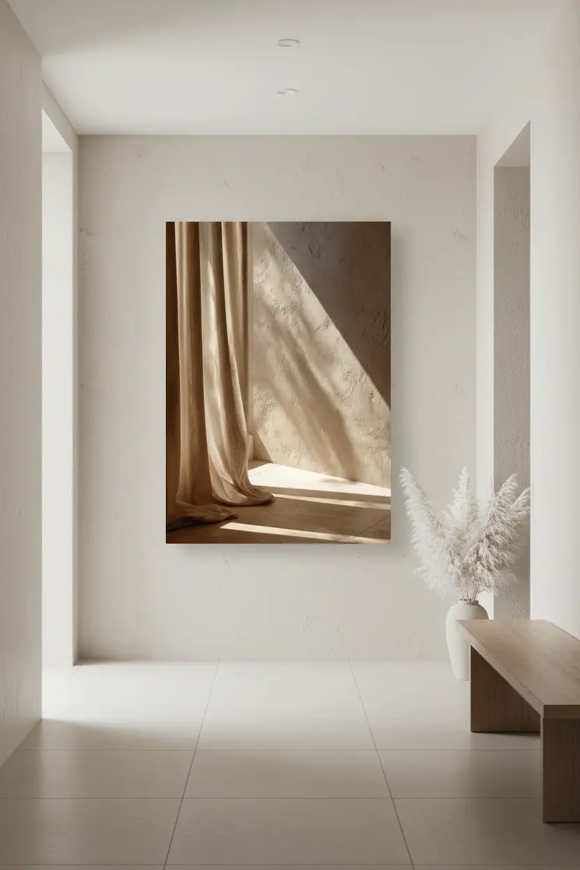 Le Rideau et la Lumière — Affiche murale minimaliste ivoire sable lumière, affiche murale minimaliste avec cadre bois, décoration murale salon ou chambre, style méditerranéen