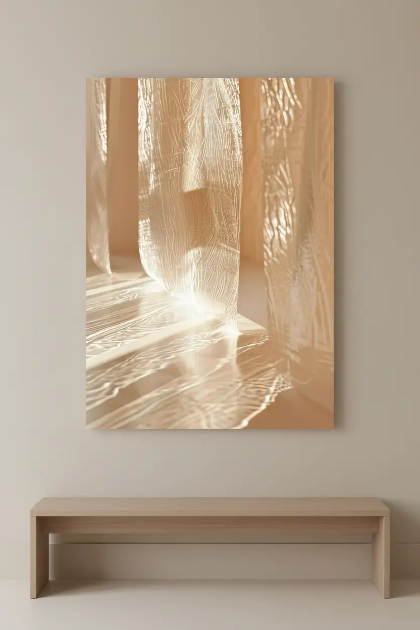 Le Voile de Verre — Affiche murale minimaliste ivoire verre lumière architecture, affiche murale minimaliste avec cadre bois, décoration murale salon ou chambre, style méditerranéen