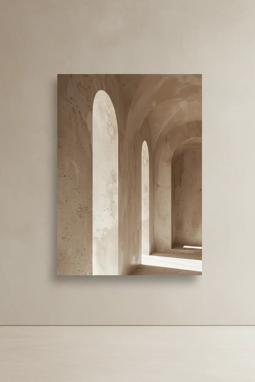 L'Allée des Voûtes — Affiche murale minimaliste beige architecture, affiche murale minimaliste avec cadre bois, décoration murale salon ou chambre, style méditerranéen