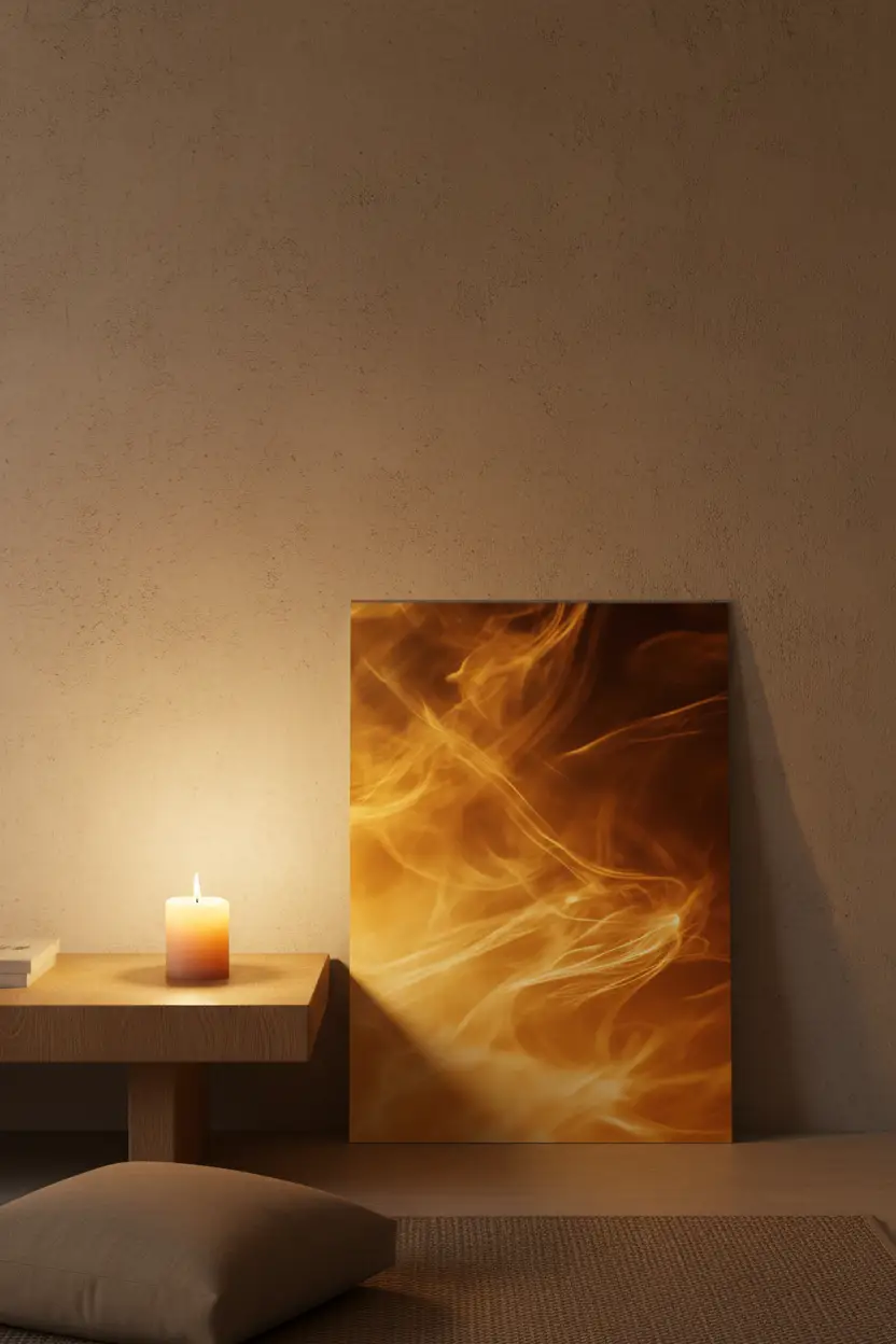 L’Âme du Feu — Minimalist väggaffisch gyllene bärnsten lågor
