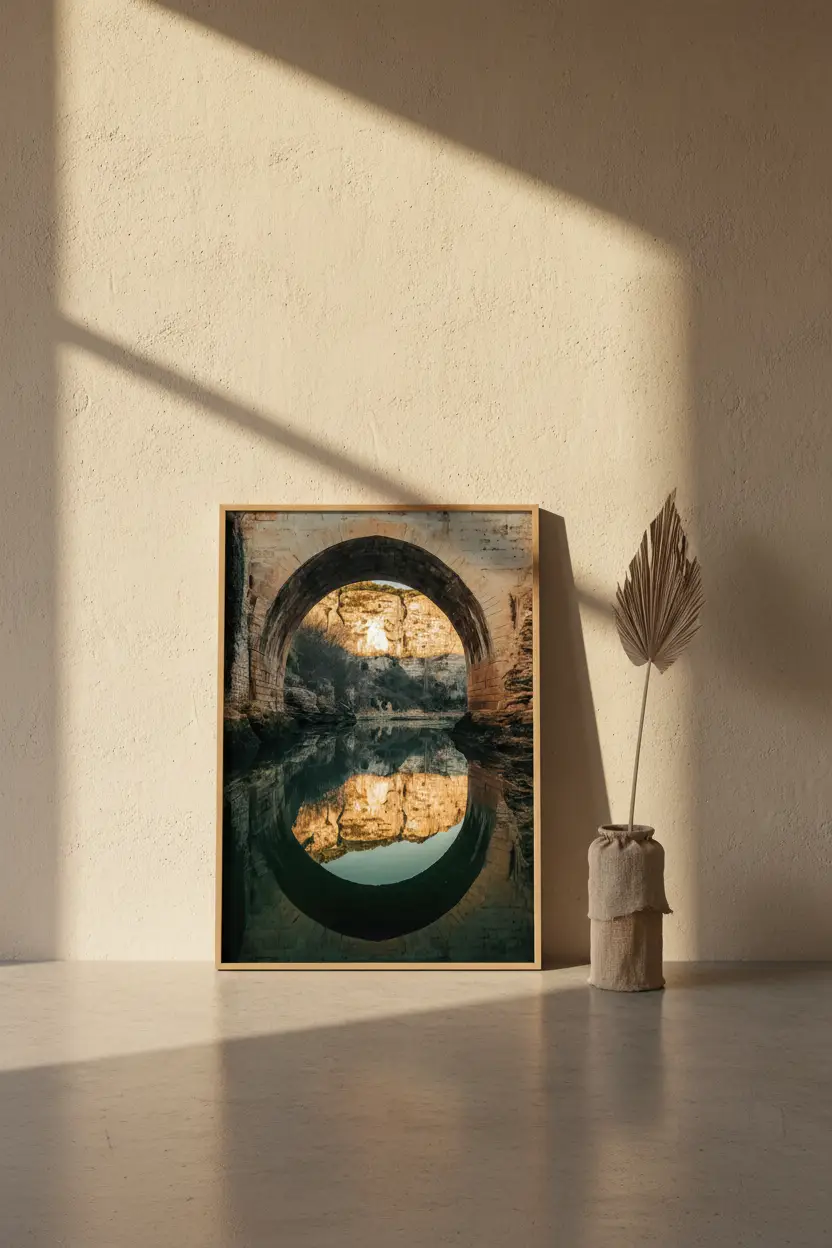Le Miroir du Pont — Affiche murale minimaliste vert or arche pont pierre reflet eau — affiche murale minimaliste | Cassili-home