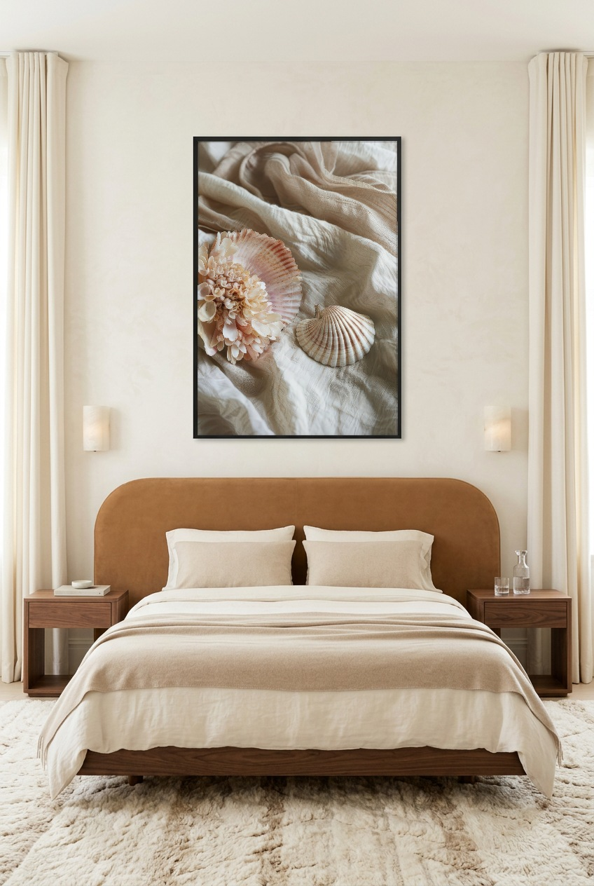 Le Nid de Nacre — poster in zwarte lijst in een slaapkamer