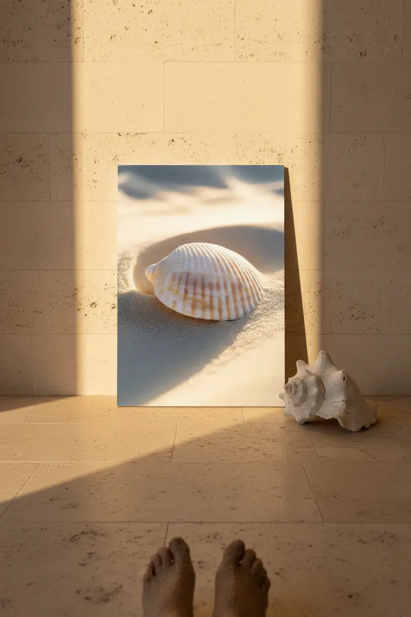 Den Glömda — Minimalistisk väggaffisch i elfenbensskal på gyllene sand