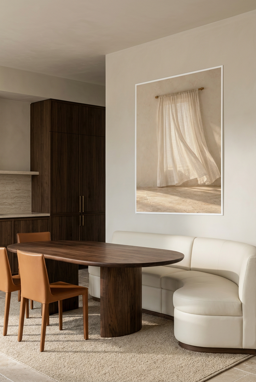The Curtain in the Breeze — unframed poster in a dining room