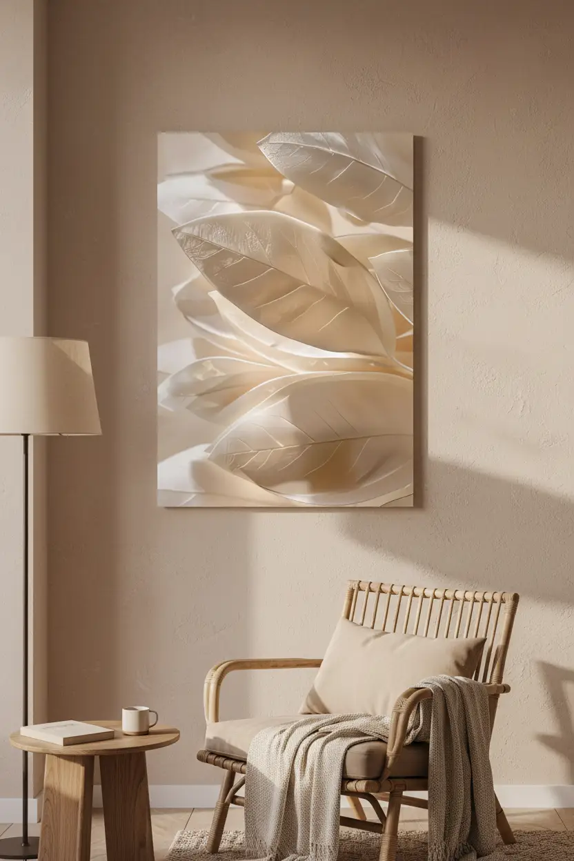 La Nacre des Feuilles — Affiche murale minimaliste ivoire doré végétal sculpté, affiche murale minimaliste avec cadre bois, décoration murale salon ou chambre, style méditerranéen