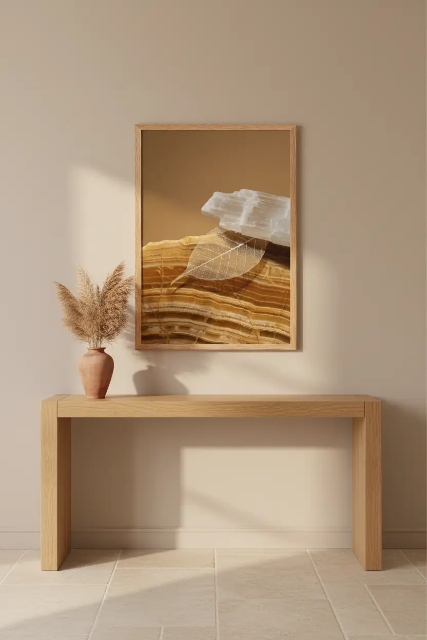 Sélénite & Feuille — Affiche murale minimaliste blanc et miel caramel texture minérale — affiche murale minimaliste | Cassili-home