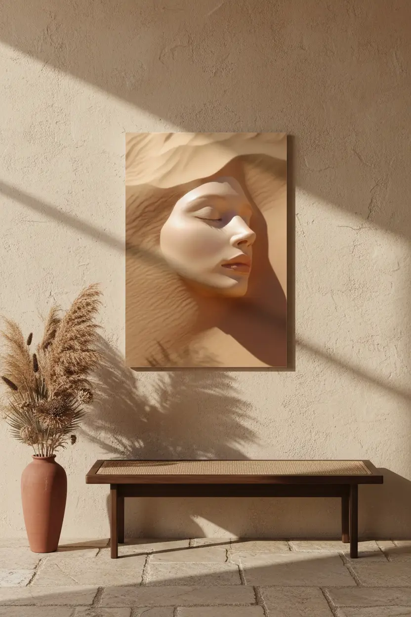 L'Enfant du Désert — Affiche murale minimaliste sable ivoire visage féminin dune abstrait — affiche murale minimaliste | Cassili-home