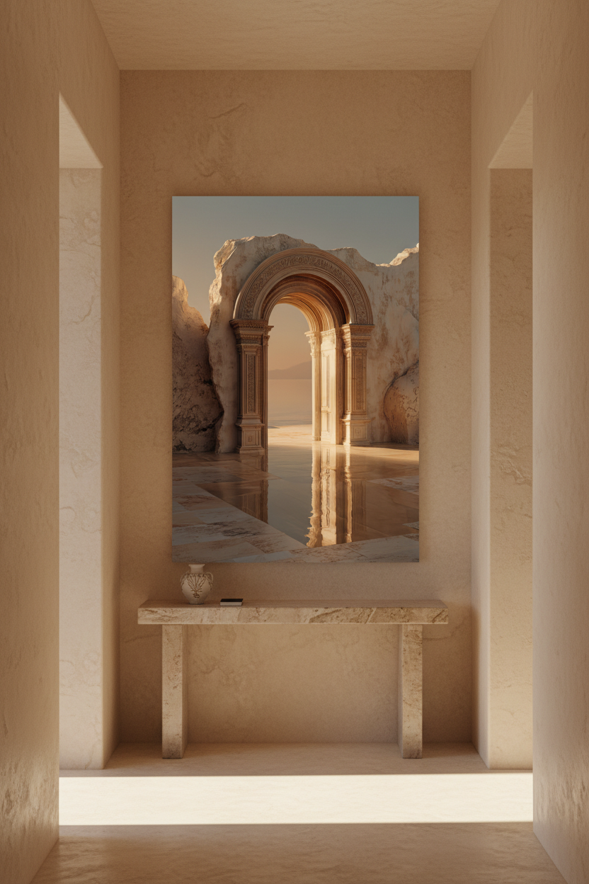 Couloir enduit sable avec console en pierre et affiche de l'arche antique — L'Arche des Eaux, Cassili-home