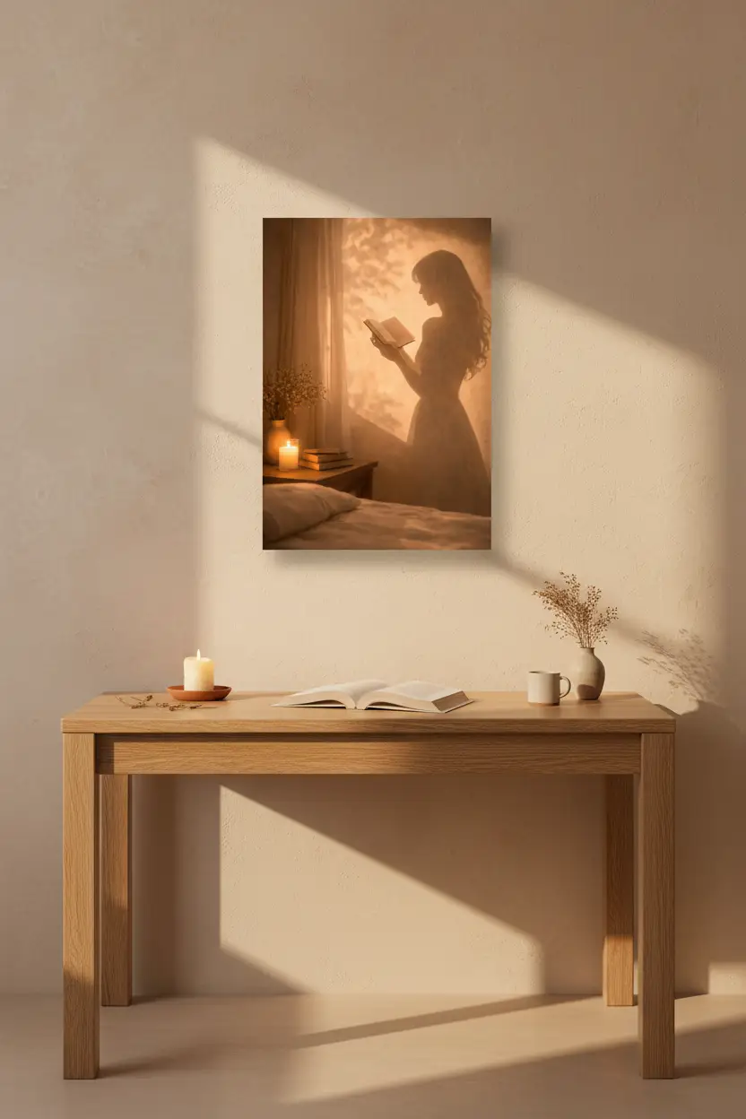 Le Livre du Soir — Affiche murale minimaliste silhouette féminine lumière dorée, affiche murale minimaliste avec cadre bois, décoration murale salon ou chambre, style méditerranéen