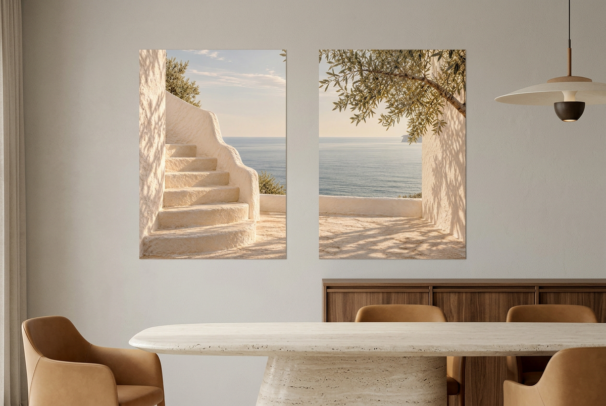 The Terrace by the Sea — unframed wall diptych in a dining room