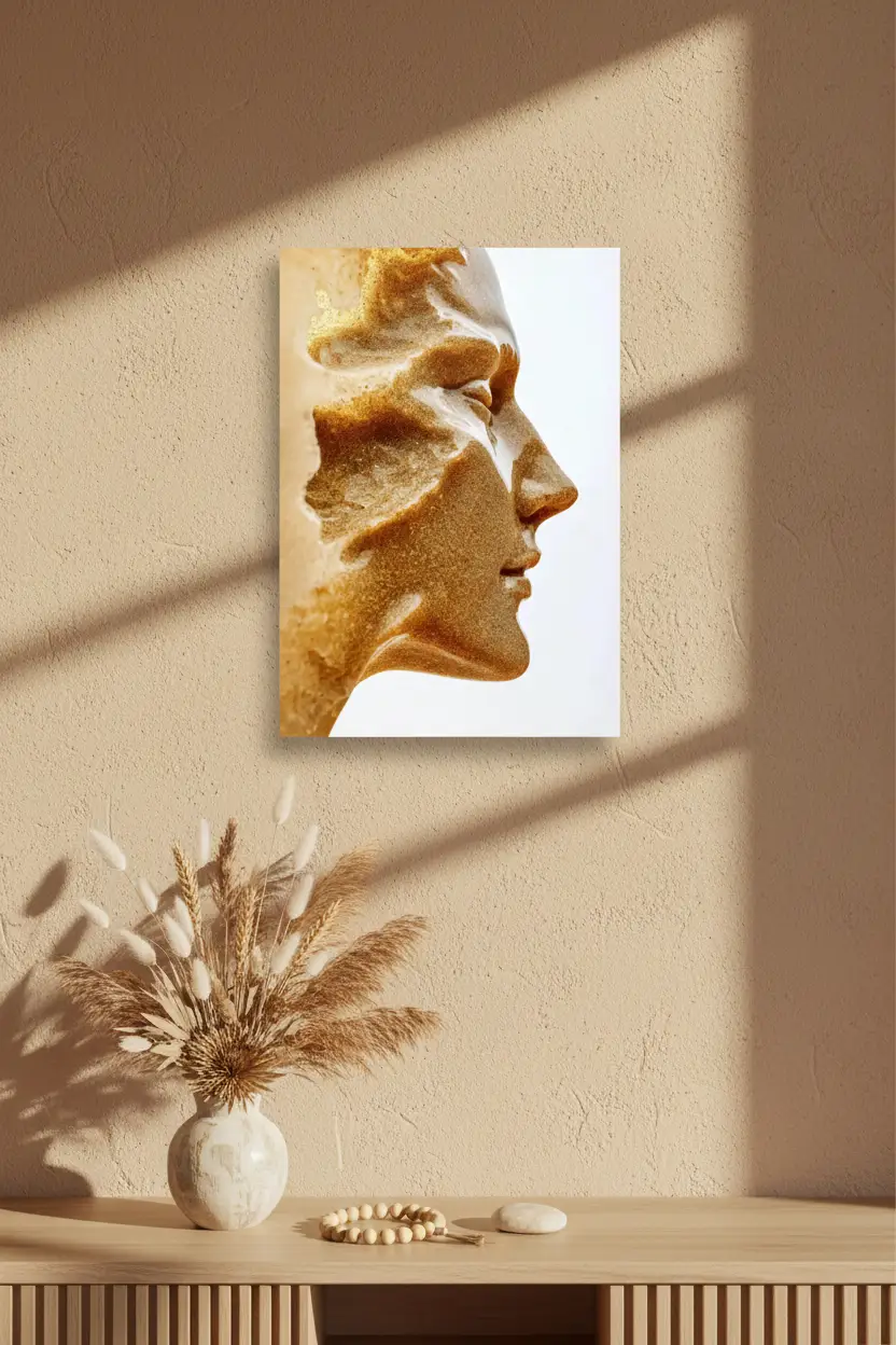 Den Guldprofilen — Minimalistisk väggaffisch guld sand profil ansikte