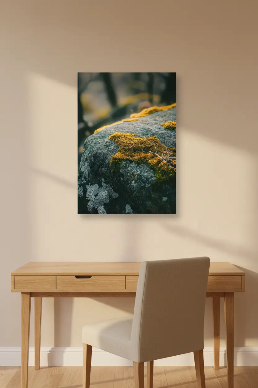 La Pierre Vivante — Affiche murale minimaliste roche mousse dorée lichen vert — affiche murale minimaliste | Cassili-home