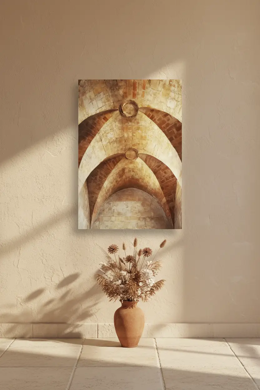 Les Arches Romanes — Affiche murale minimaliste terracotta or arches romanes briques perspective — affiche murale minimaliste | Cassili-home