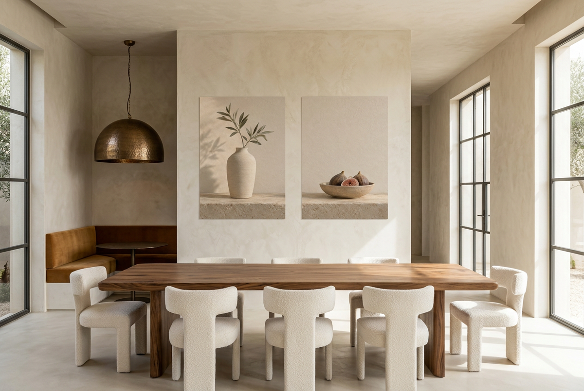 La Credenza di Pietra — dittico senza cornice in una sala da pranzo