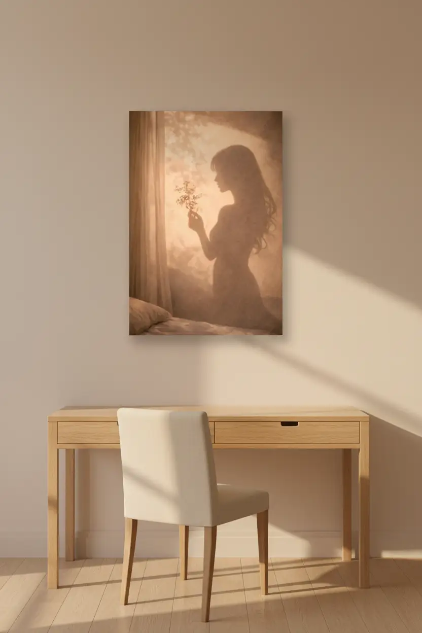 La Fleur du Matin — Affiche murale minimaliste silhouette féminine brume dorée fleur, affiche murale minimaliste avec cadre bois, décoration murale salon ou chambre, style méditerranéen