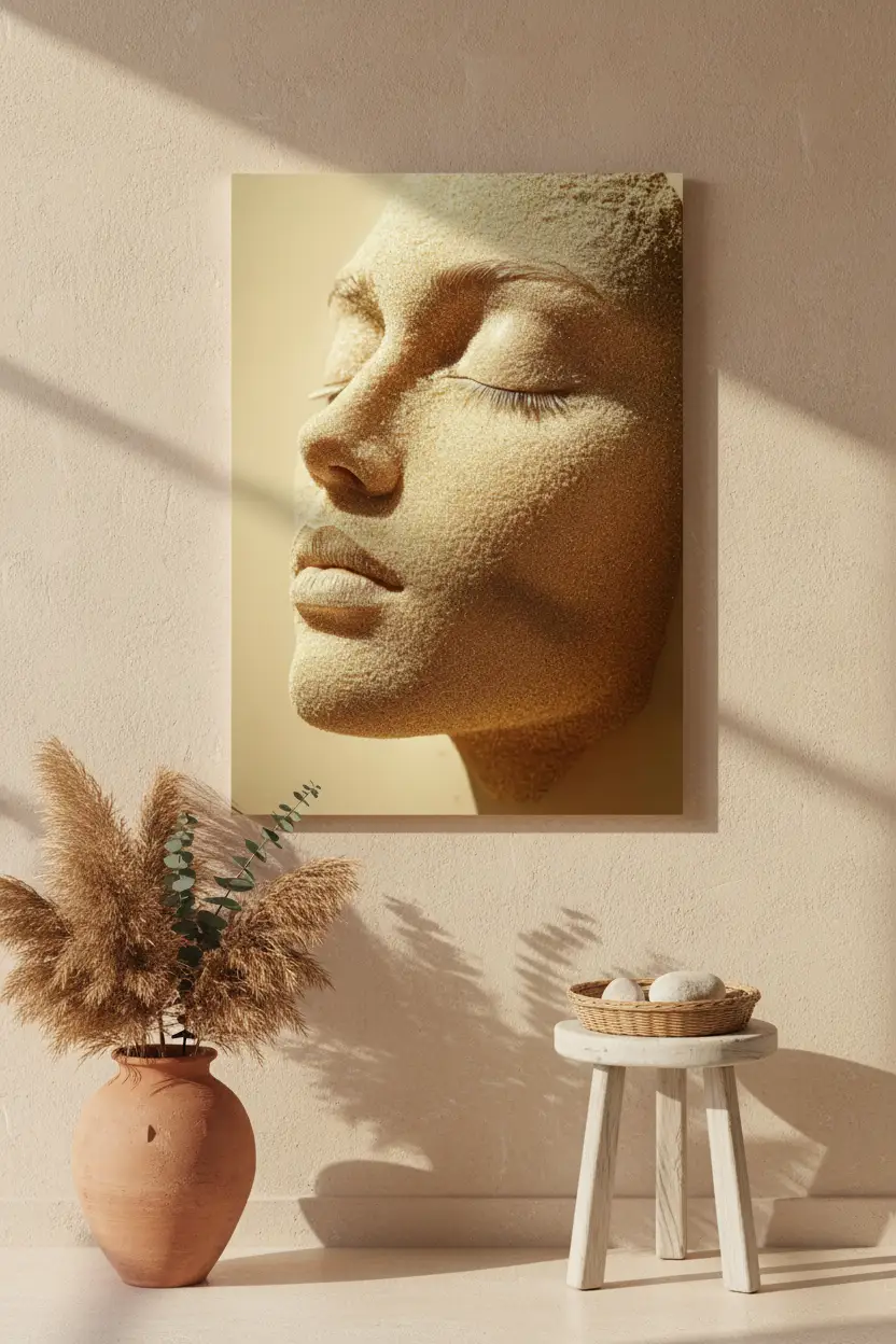 L'Ensablée — Affiche murale minimaliste or sable visage féminin profil abstrait — affiche murale minimaliste | Cassili-home