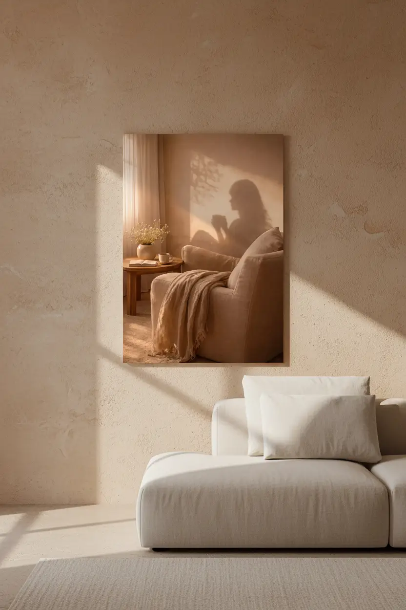 La Pause — Affiche murale minimaliste silhouette féminine lumière dorée, affiche murale minimaliste avec cadre bois, décoration murale salon ou chambre, style méditerranéen