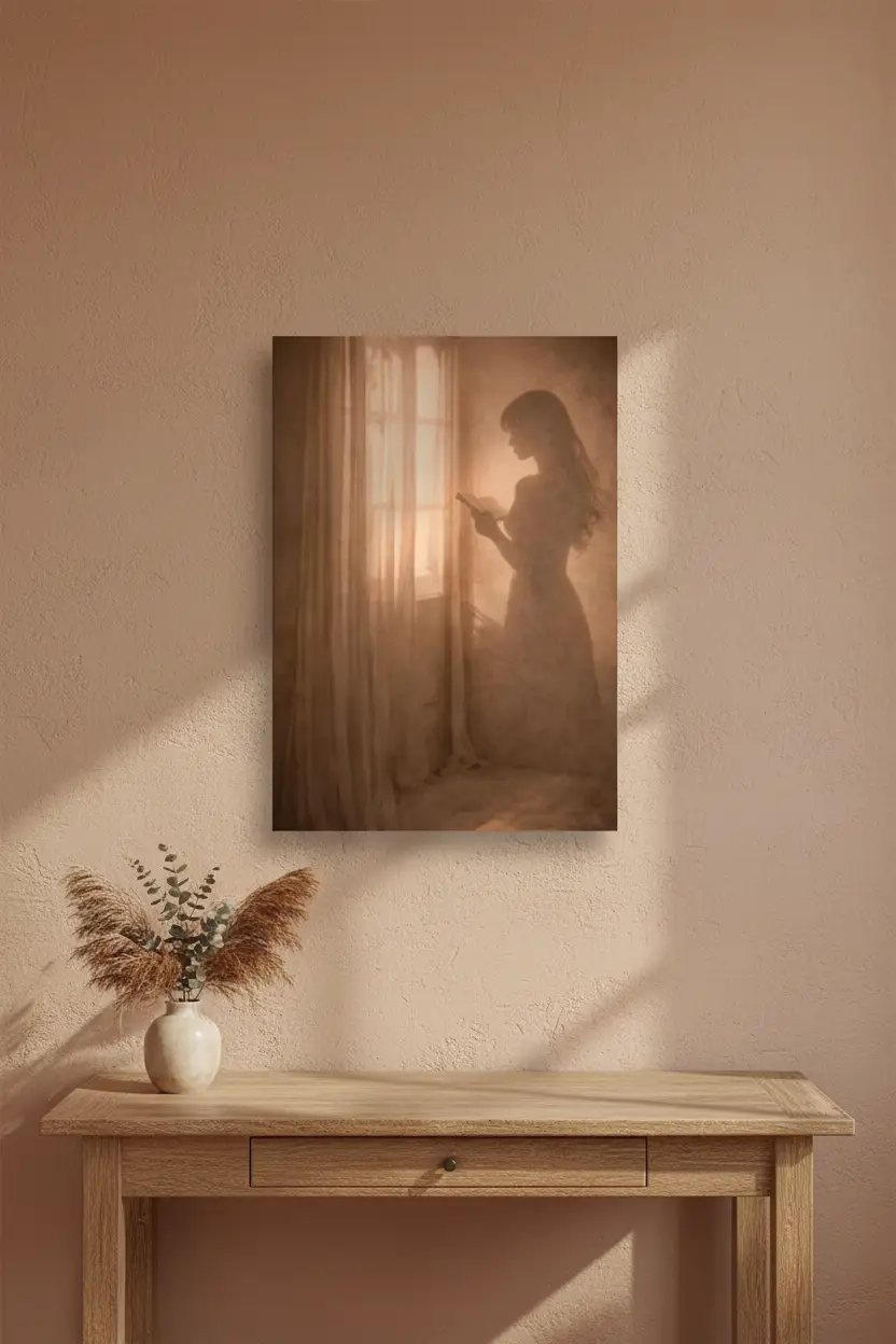 La Fleur Tenue — Affiche murale minimaliste silhouette féminine lumière dorée, affiche murale minimaliste avec cadre bois, décoration murale salon ou chambre, style méditerranéen