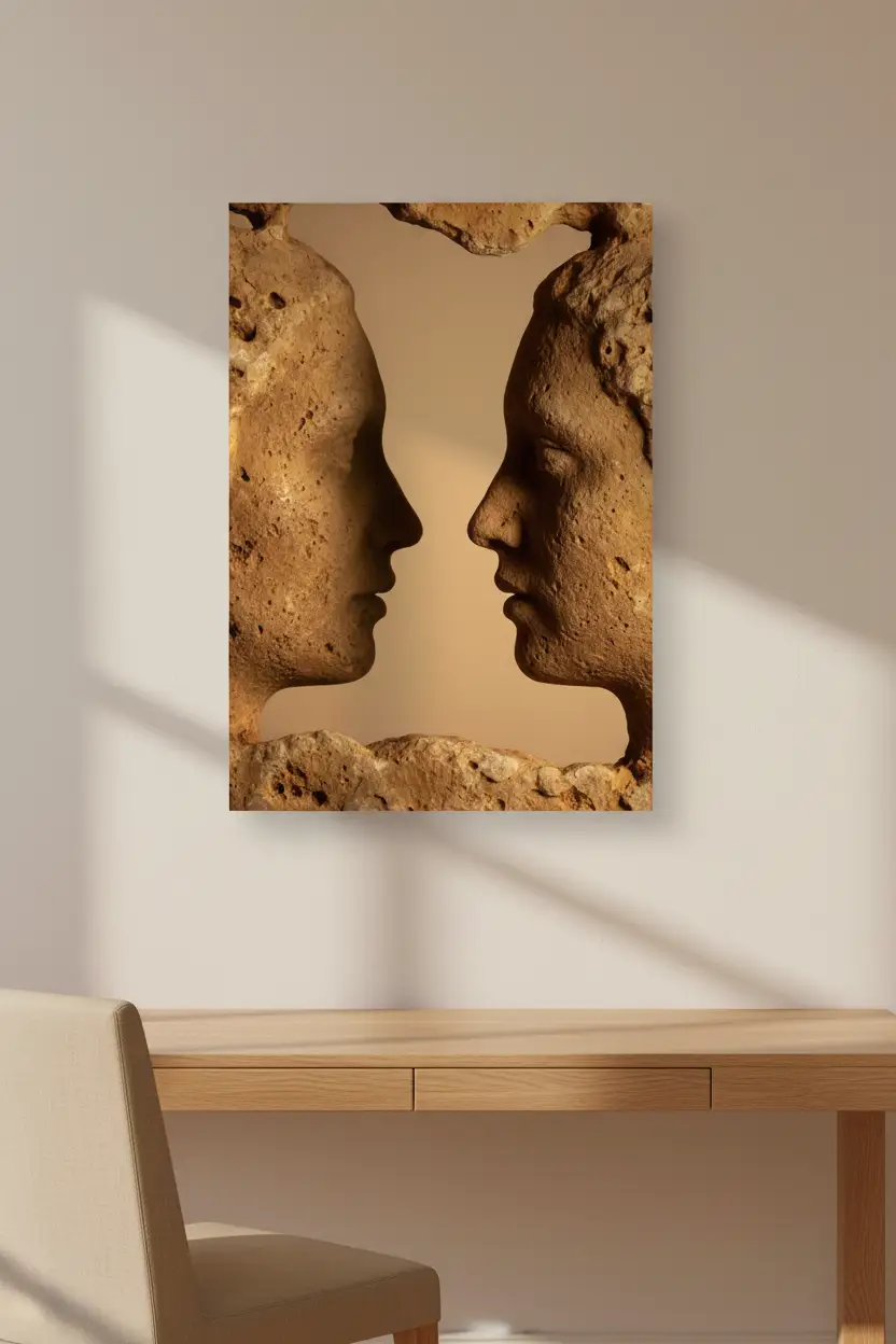 La Rencontre — Affiche murale minimaliste or sable visage abstrait, affiche murale minimaliste avec cadre bois, décoration murale salon ou chambre, style méditerranéen