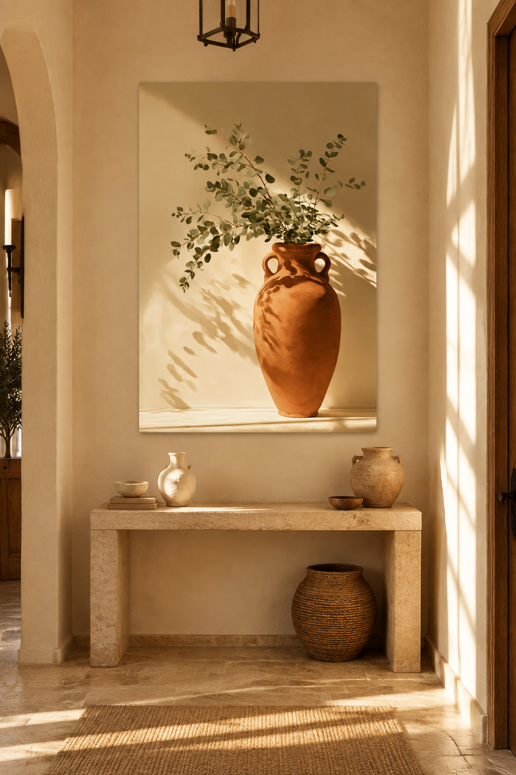 Poster The Flowering Amphora — terracotta amphora with eucalyptus foliage, in an entryway, above a stone console