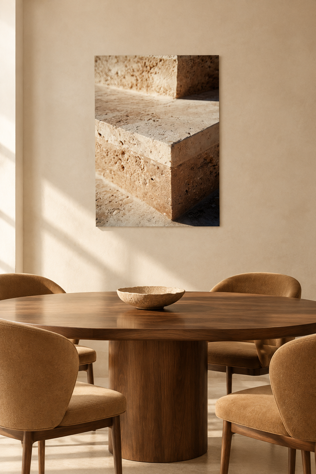 Die Travertinstufe in einem Esszimmer