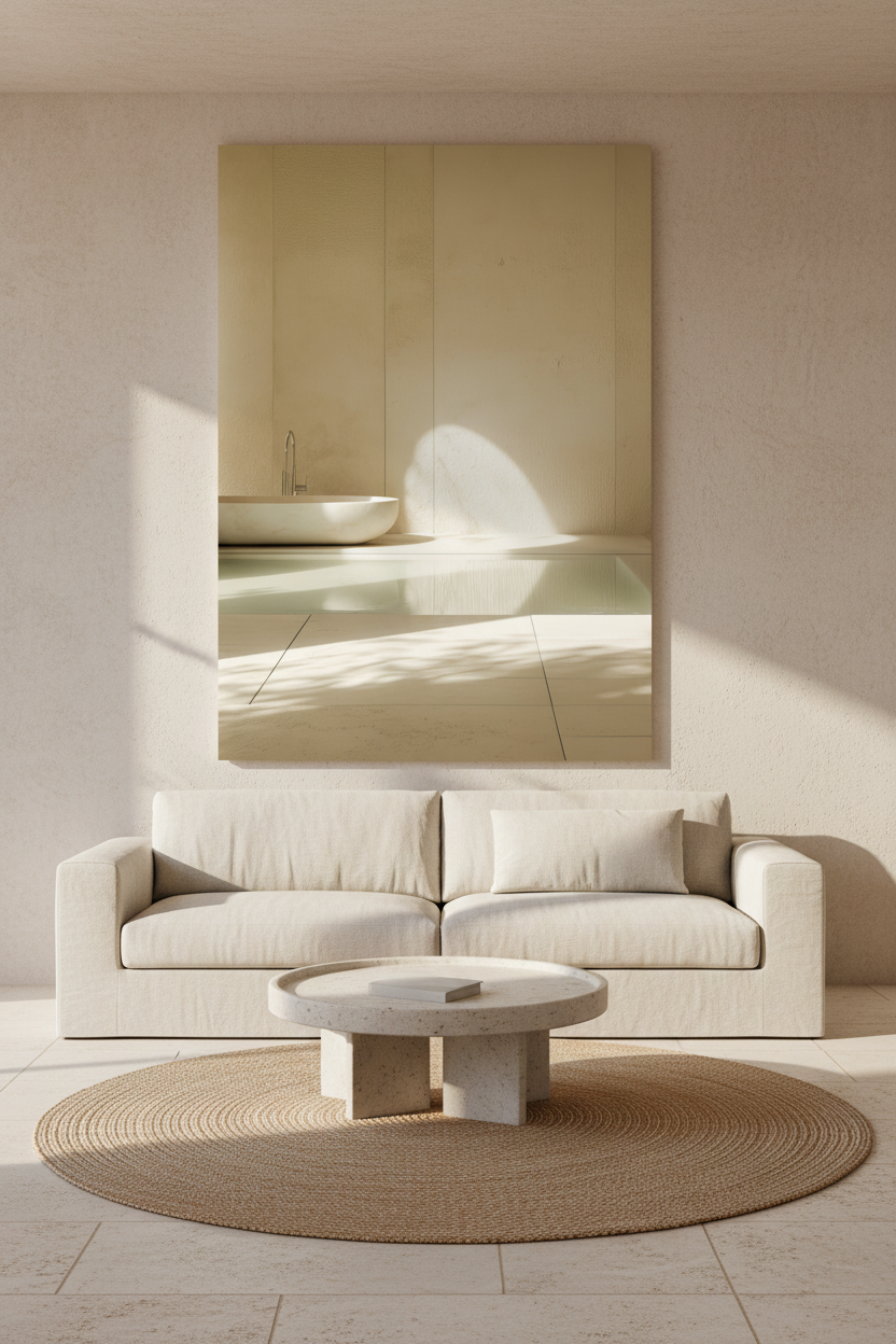 La Vasque Blanche — poster mural minimaliste, pierre blanche et surface d'eau