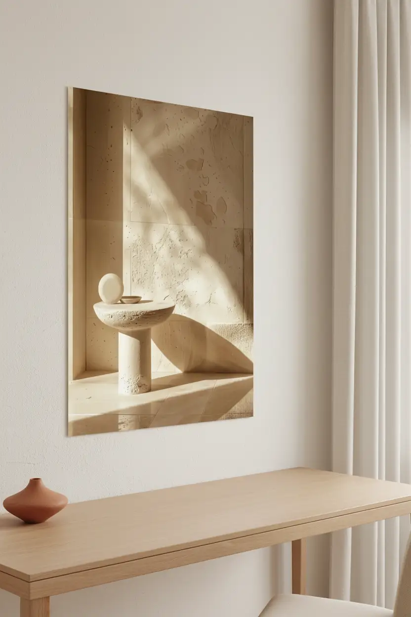 L’Autel de Pierre — Affiche murale minimaliste travertin table sculpturale sphère ivoire minéral, affiche murale minimaliste avec cadre bois, décoration murale salon ou chambre, style méditerranéen
