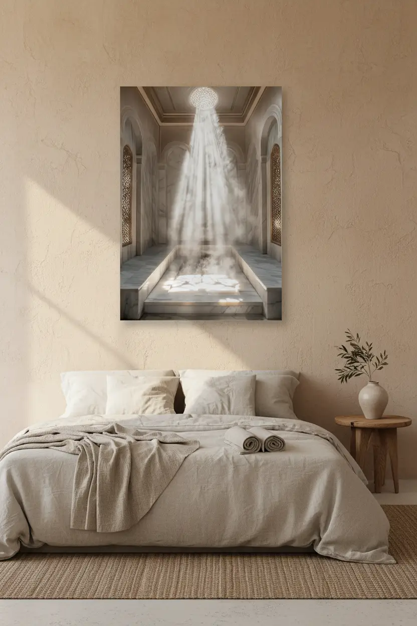 Das Hamam — Orientalisches Licht, minimalistisches Wandbild in Weiß und Gold