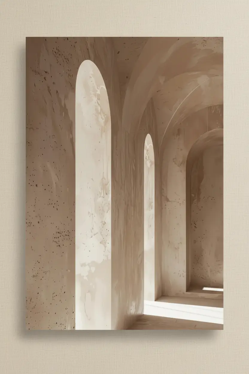L'Allée des Voûtes — Affiche murale minimaliste beige architecture, affiche murale minimaliste avec cadre bois, décoration murale salon ou chambre, style méditerranéen