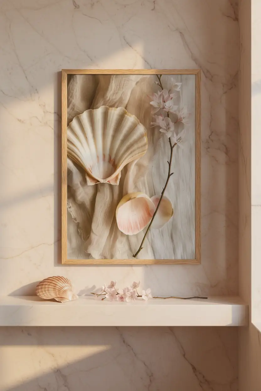 La Perle du Matin — Affiche murale minimaliste coquille Saint-Jacques ivoire fleurs cerisier rose pêche lin blanc — affiche murale minimaliste | Cassili-home